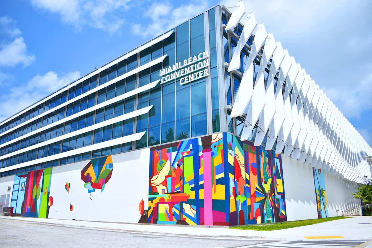 Miami Beach Convention Center exterior with colorful artwork