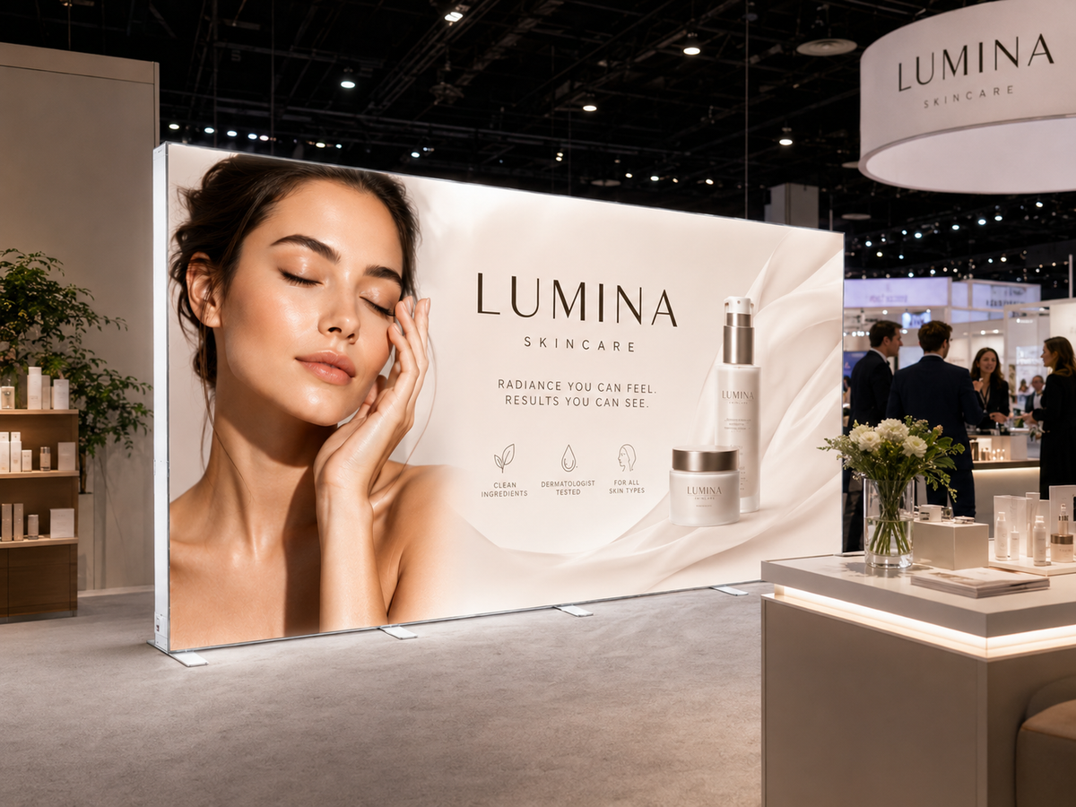 20ft SEG light box wall lit at a trade show booth, showing an illuminated skincare brand graphic