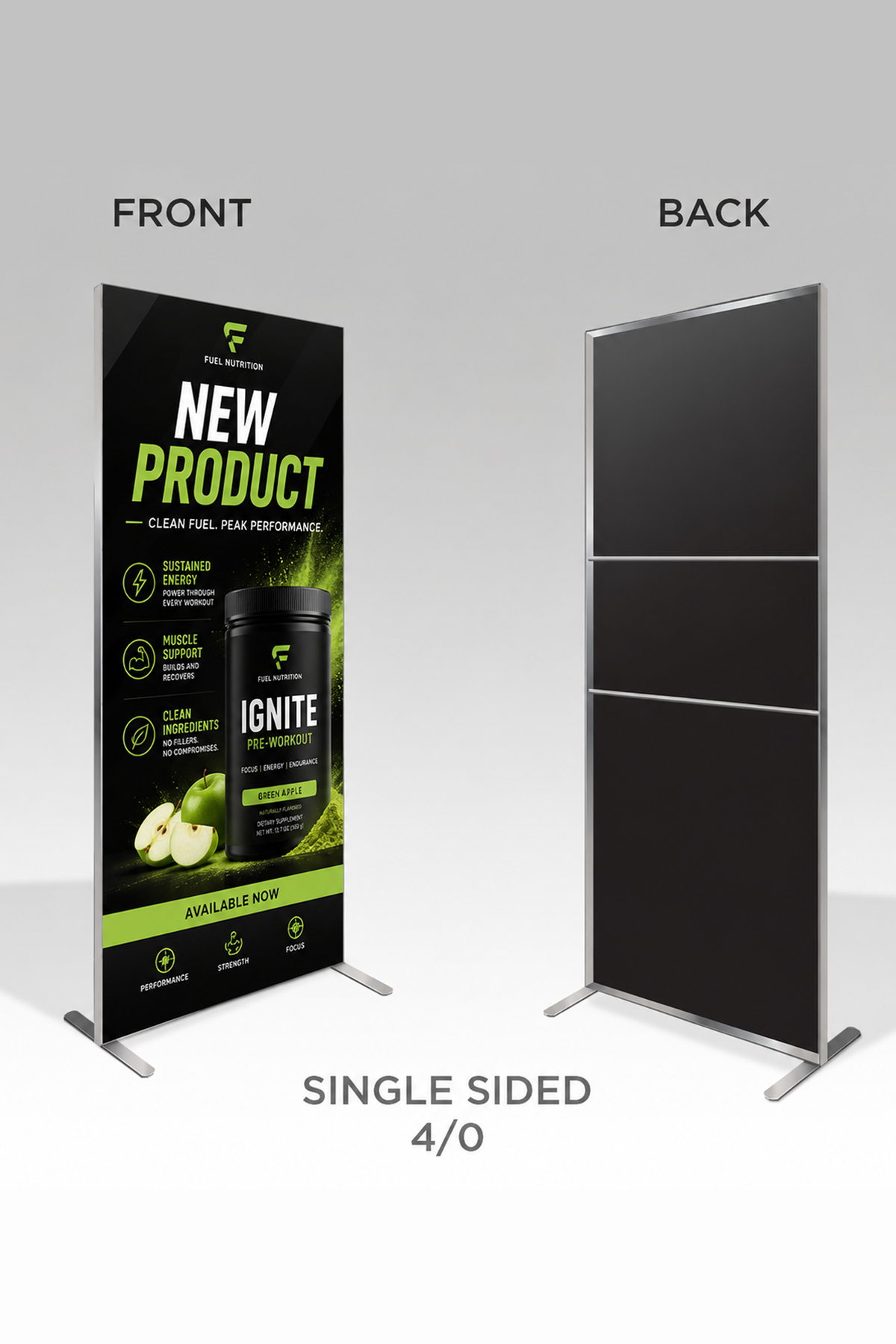 Single sided freestanding SEG frame display, showing the printed front and the plain black back
