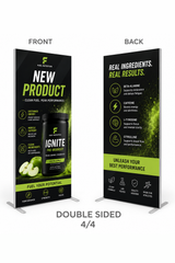 Double sided freestanding SEG frame display with printed graphics on the front and back