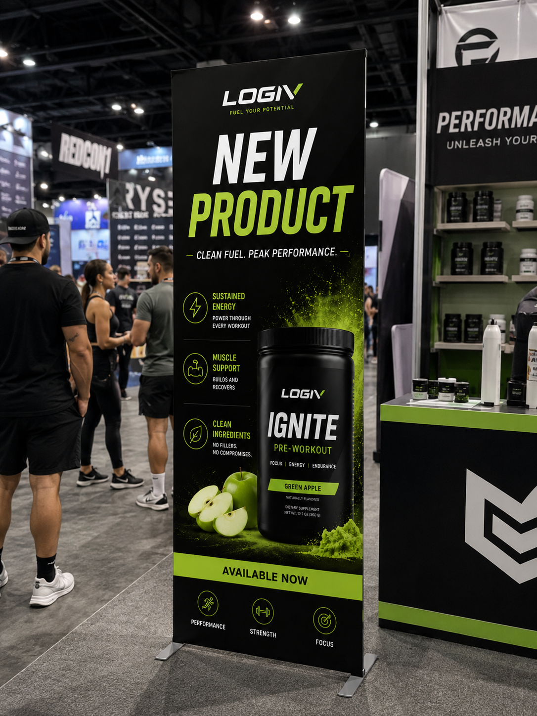 Freestanding SEG frame displays in use at a trade show booth alongside a branded counter
