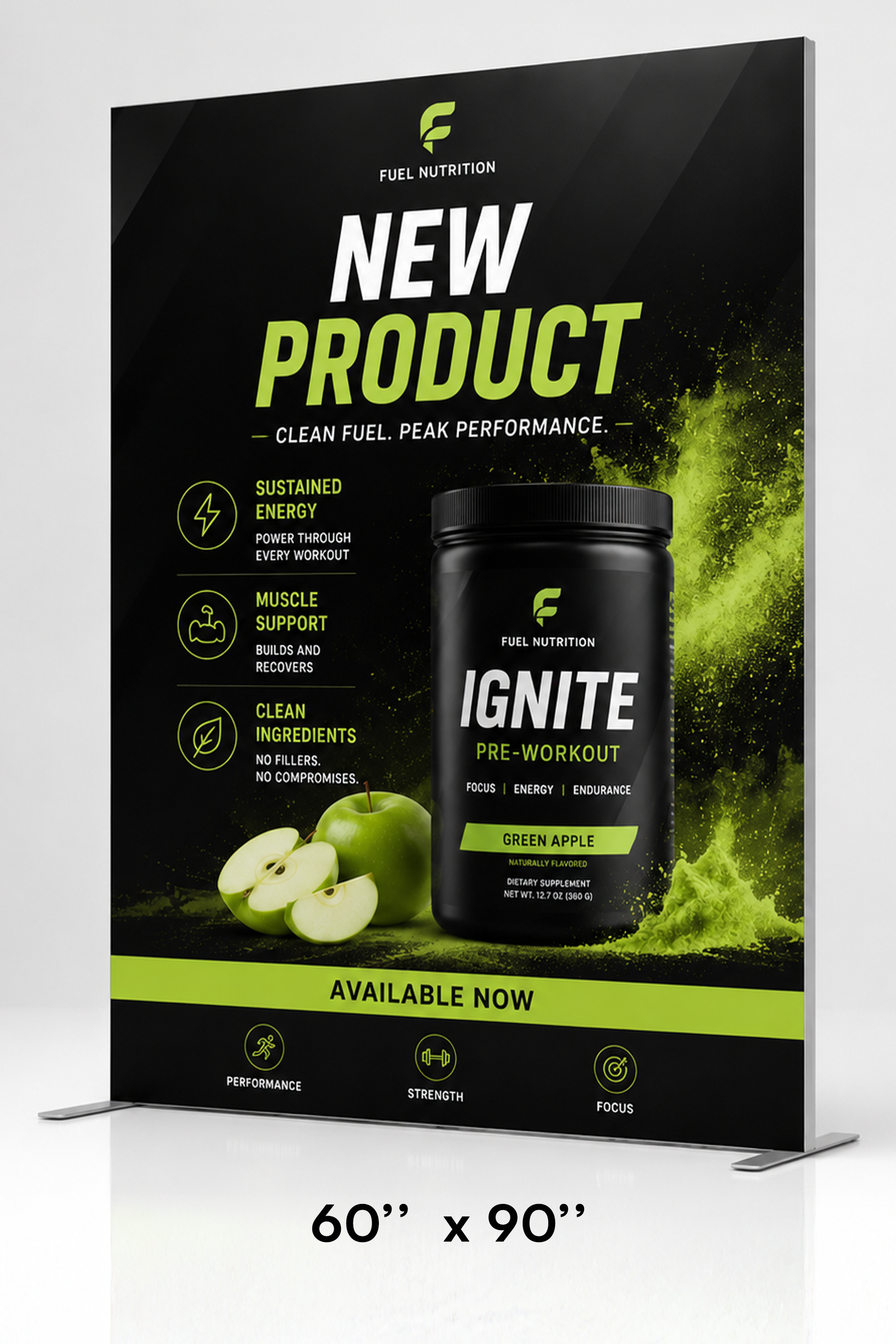 Freestanding SEG frame display in the 60 by 90 inch size with a full-color printed graphic