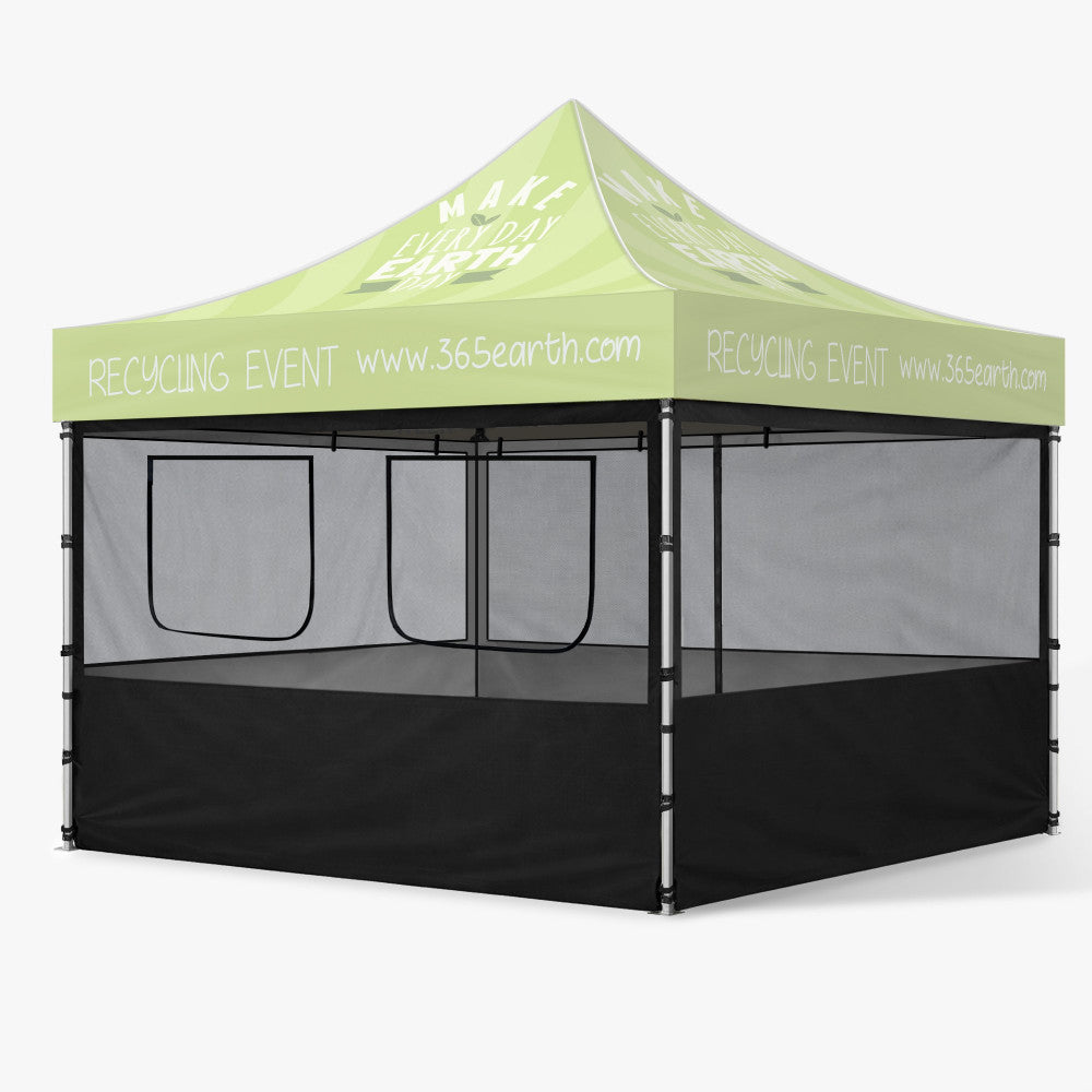 Black four-sided mesh sidewall kit fitted to a 10ft canopy tent with service windows