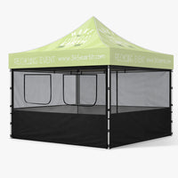 Black four-sided mesh sidewall kit fitted to a 10ft canopy tent with service windows