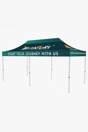 Custom printed 10×20 canopy tent with six-leg aluminum frame; walls optional