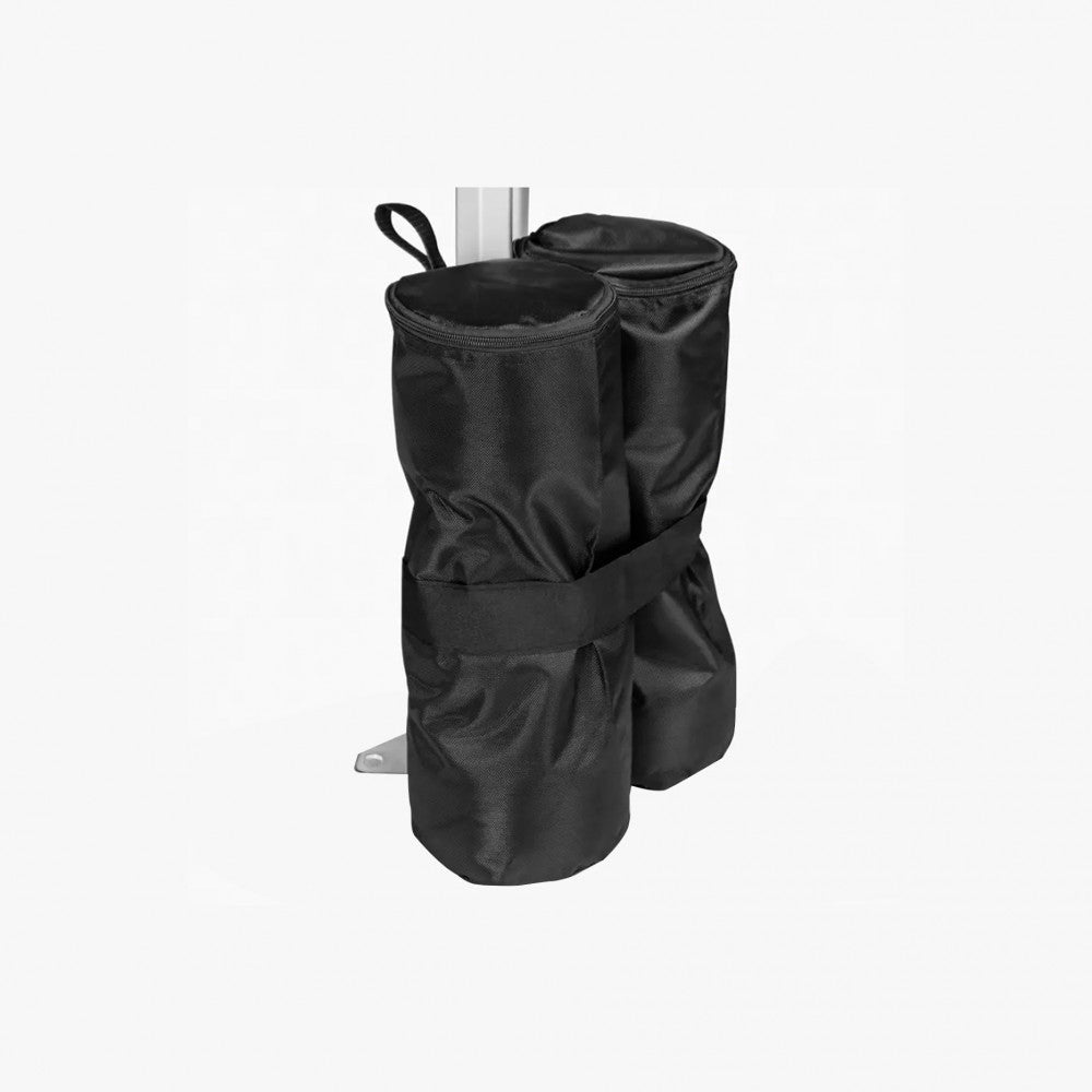 Set of four black nylon sandbag weights wrapped around canopy tent legs