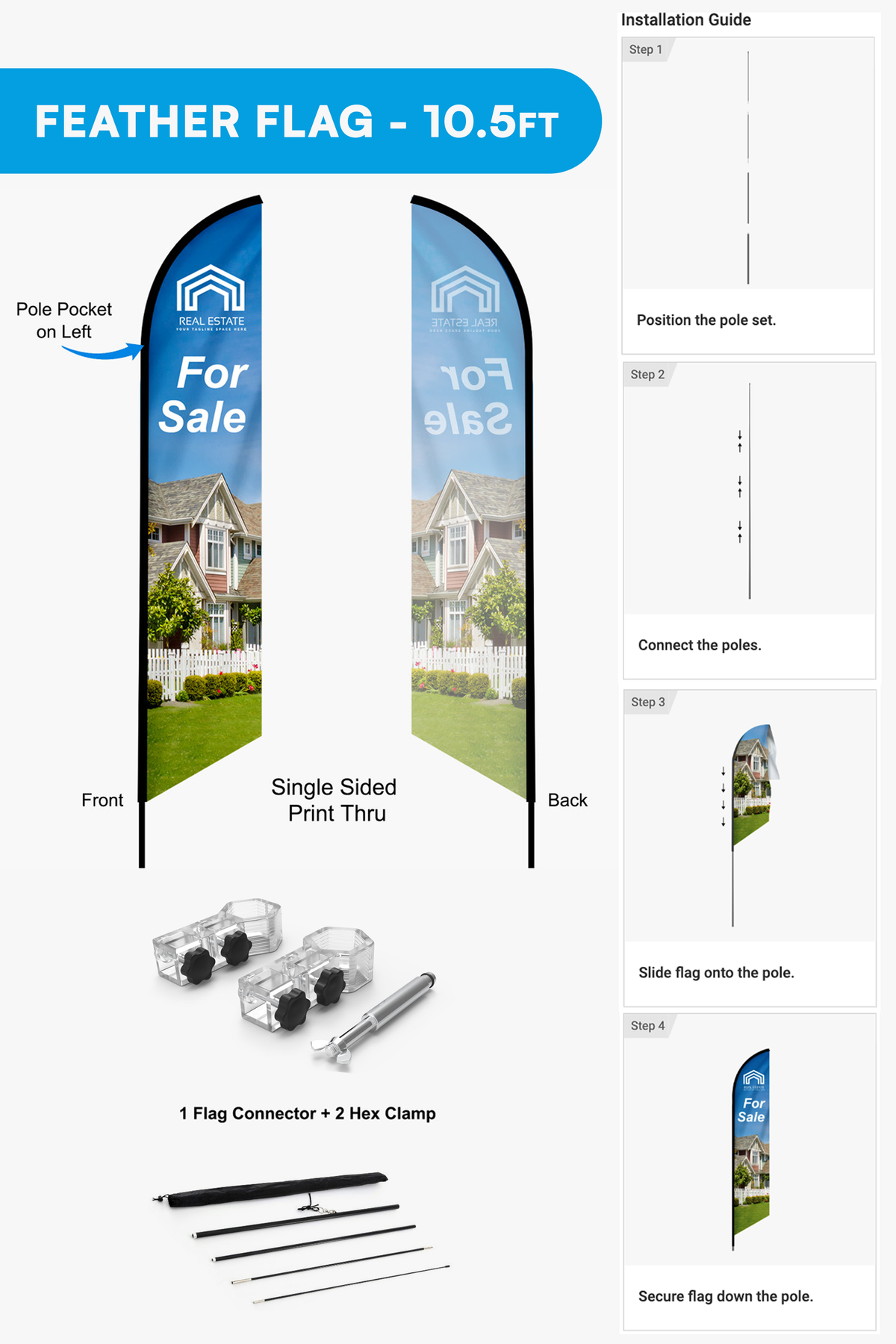 The two printed feather flags included in the complete 10x10 canopy tent booth kit