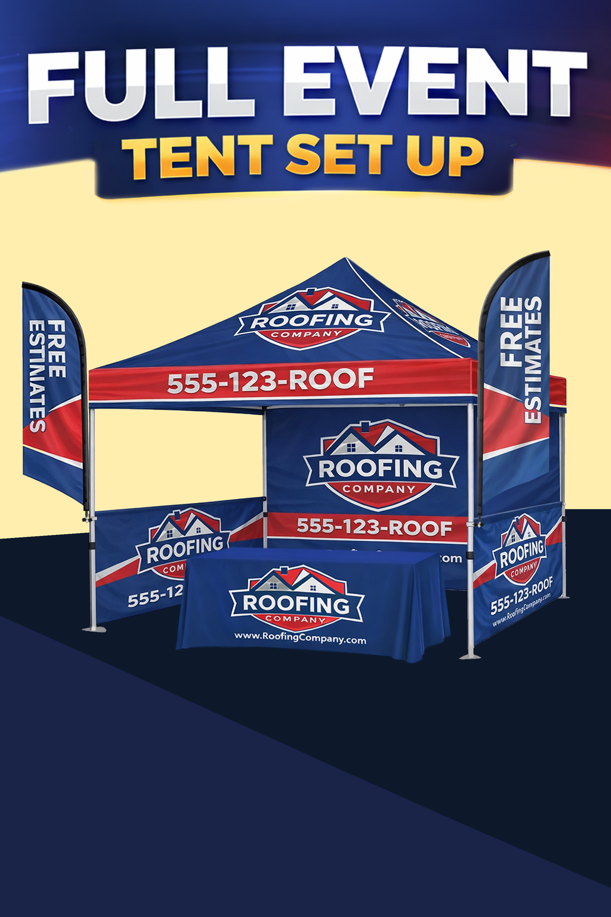 10x10 canopy tent with printed full wall and two half walls, included in the complete booth kit