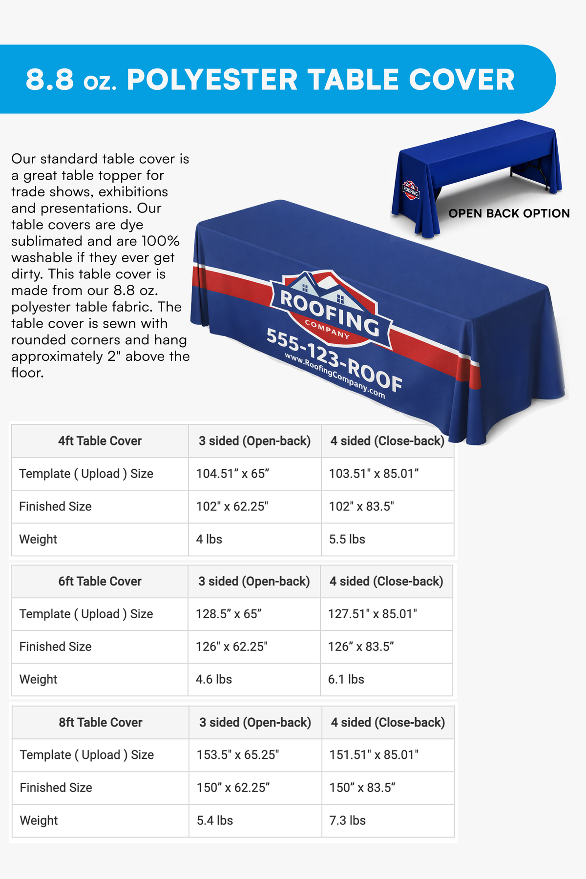 Printed table cover options included in the 10x10 canopy tent kit, shown open back and closed back