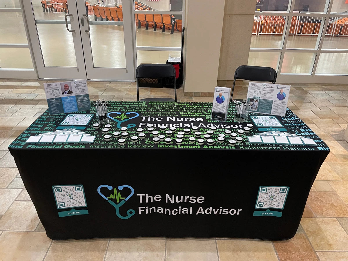 custom printed table cover with marketing products displayed on it