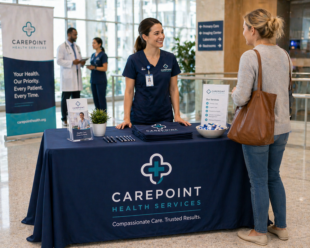 Navy custom printed table cover on a healthcare provider information table with staff and a visitor