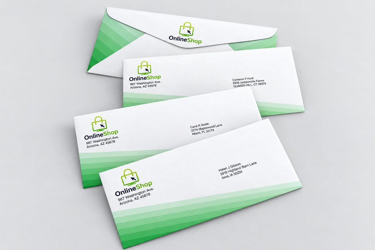 Personalized Addressing Envelopes shown on a light grey background