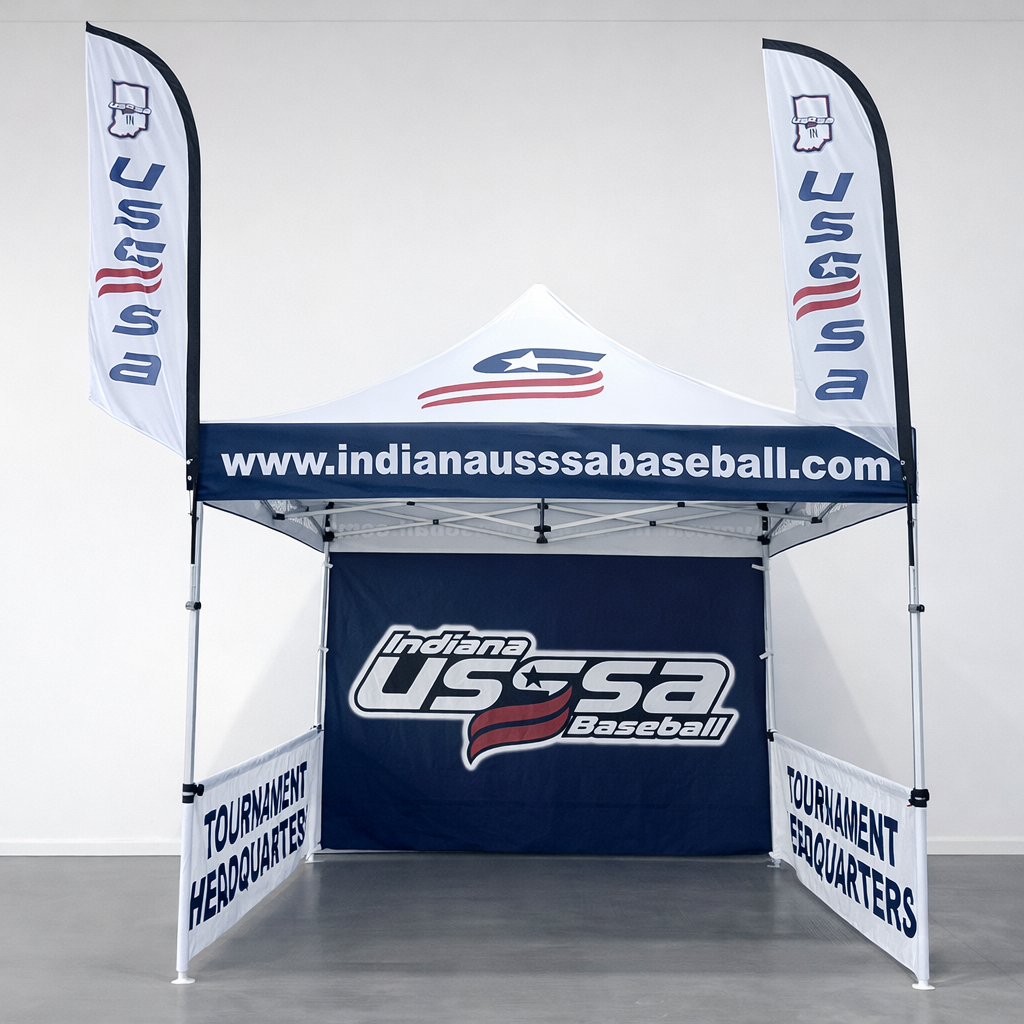 Complete 10x10 canopy tent booth kit set up with printed walls and matching feather flags