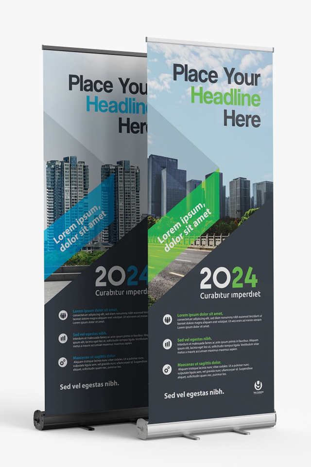 Standard retractable roll-up banner stand with full-color printed graphic and carry case