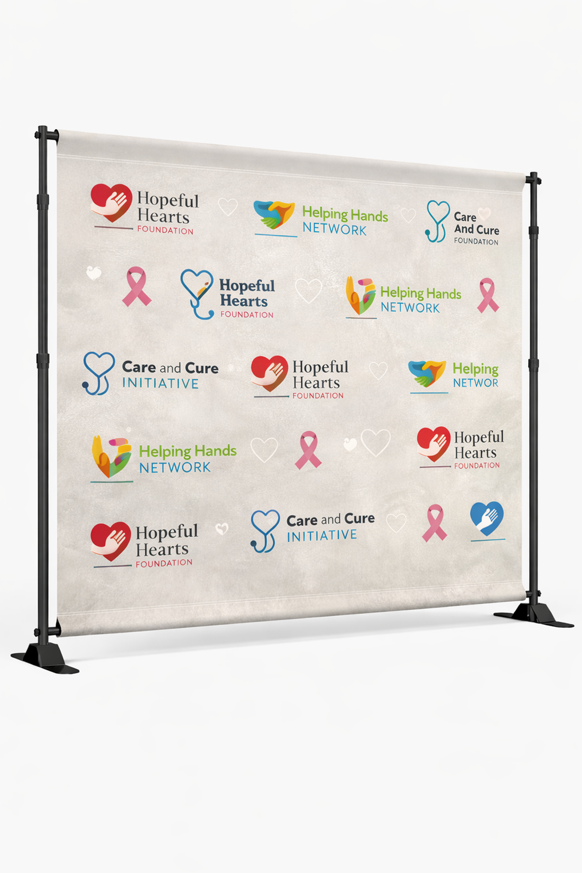 Custom step and repeat backdrop with repeated logo pattern on an adjustable telescopic frame
