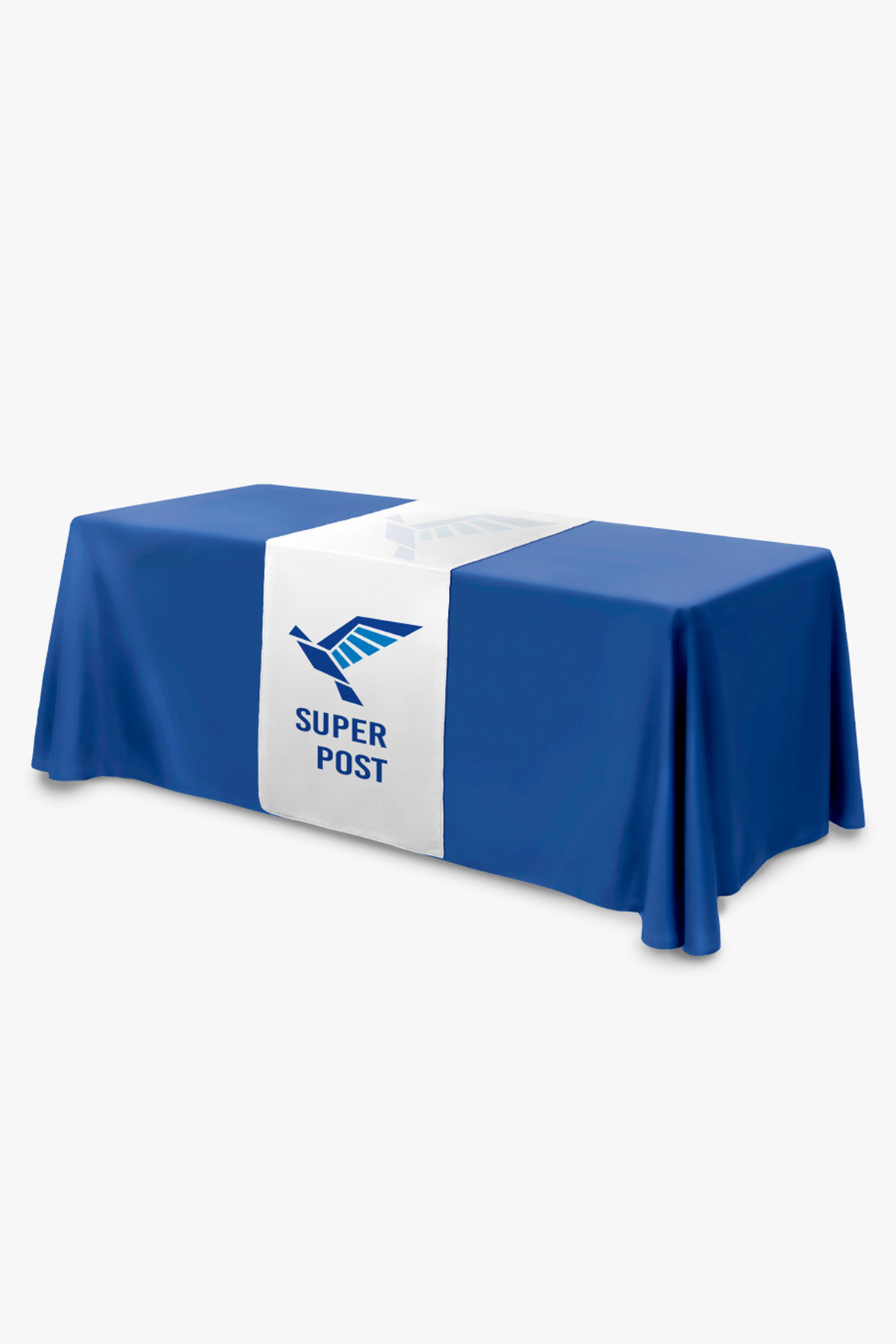 Custom printed table runner with full-color logo draped over a trade show table